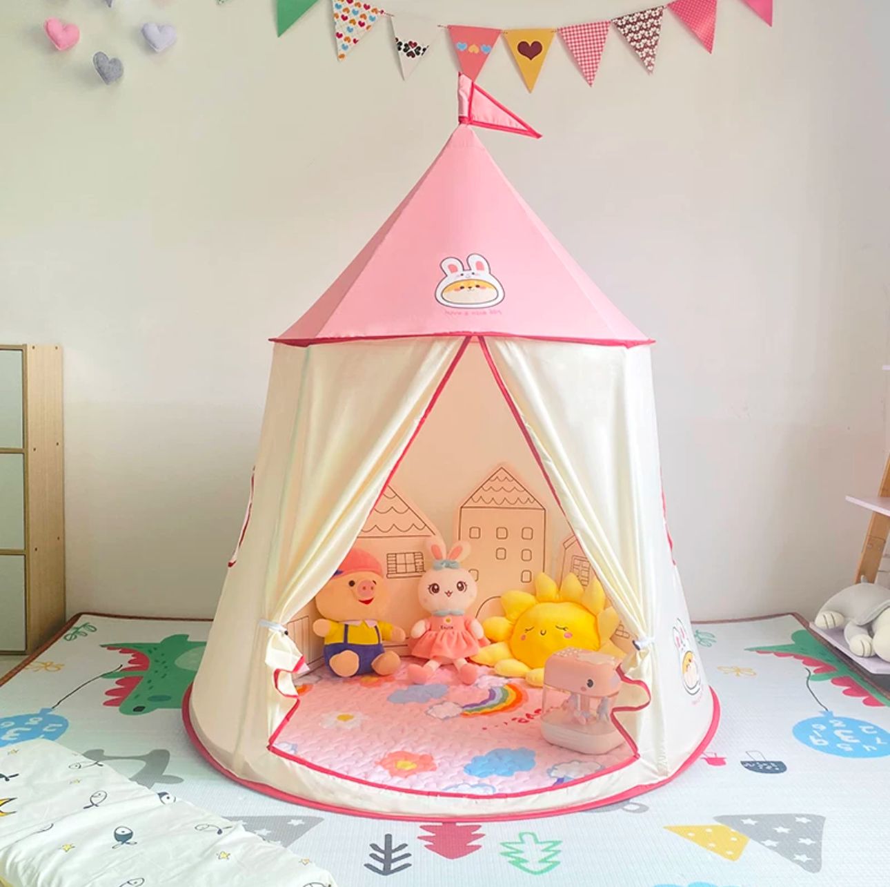 Tente Château Enfant Pliable avec Tapis et Lampes Lumineuses Magiques