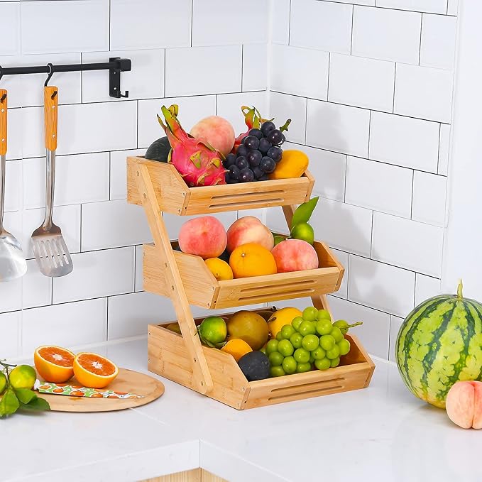 Panier à fruits et légumes en bambou à 3 niveaux et 2 niveaux.