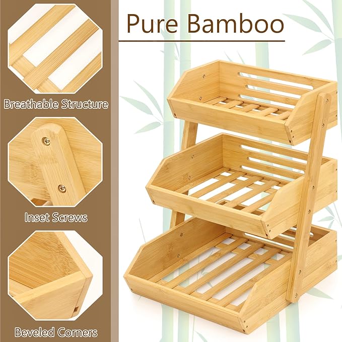 Panier à fruits et légumes en bambou à 3 niveaux et 2 niveaux.