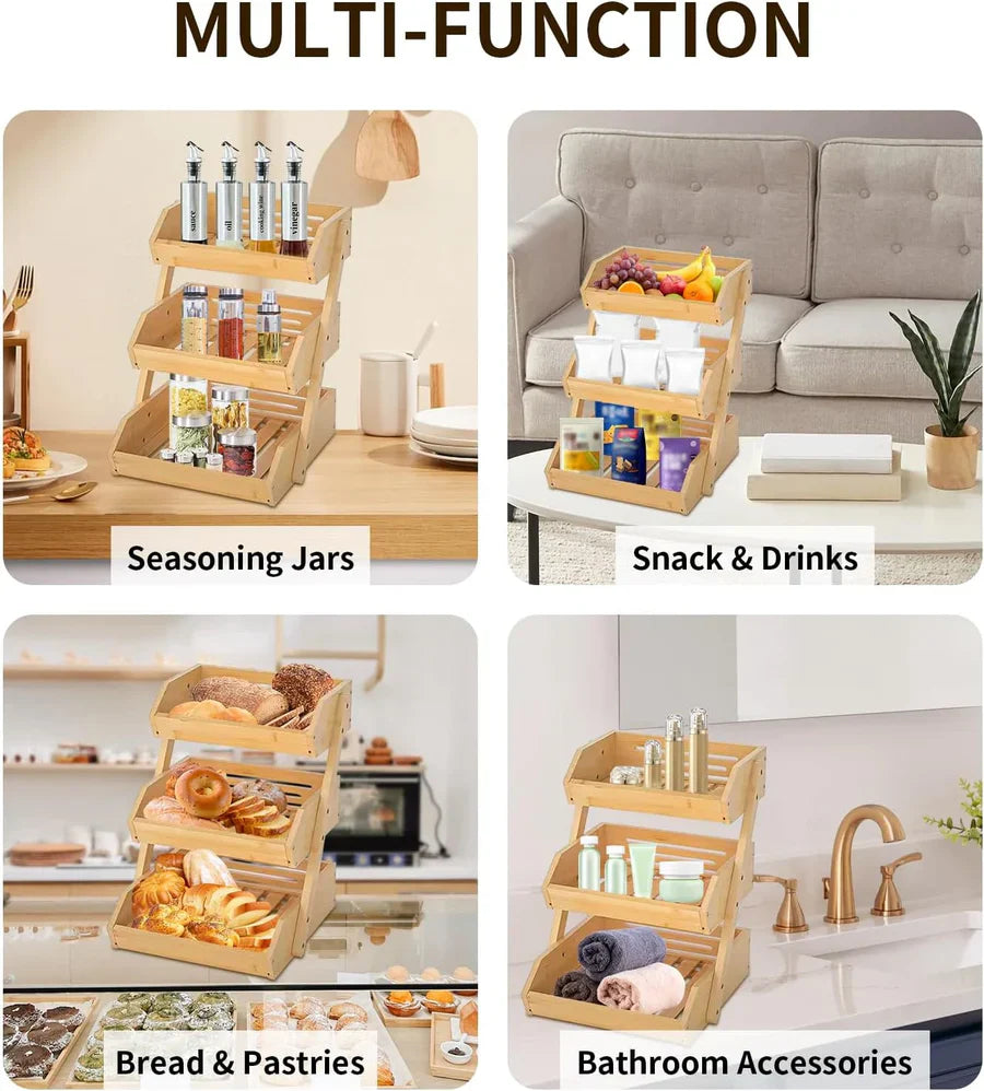 Panier à fruits et légumes en bambou à 3 niveaux et 2 niveaux.