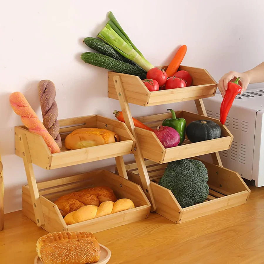 Panier à fruits et légumes en bambou à 3 niveaux et 2 niveaux.