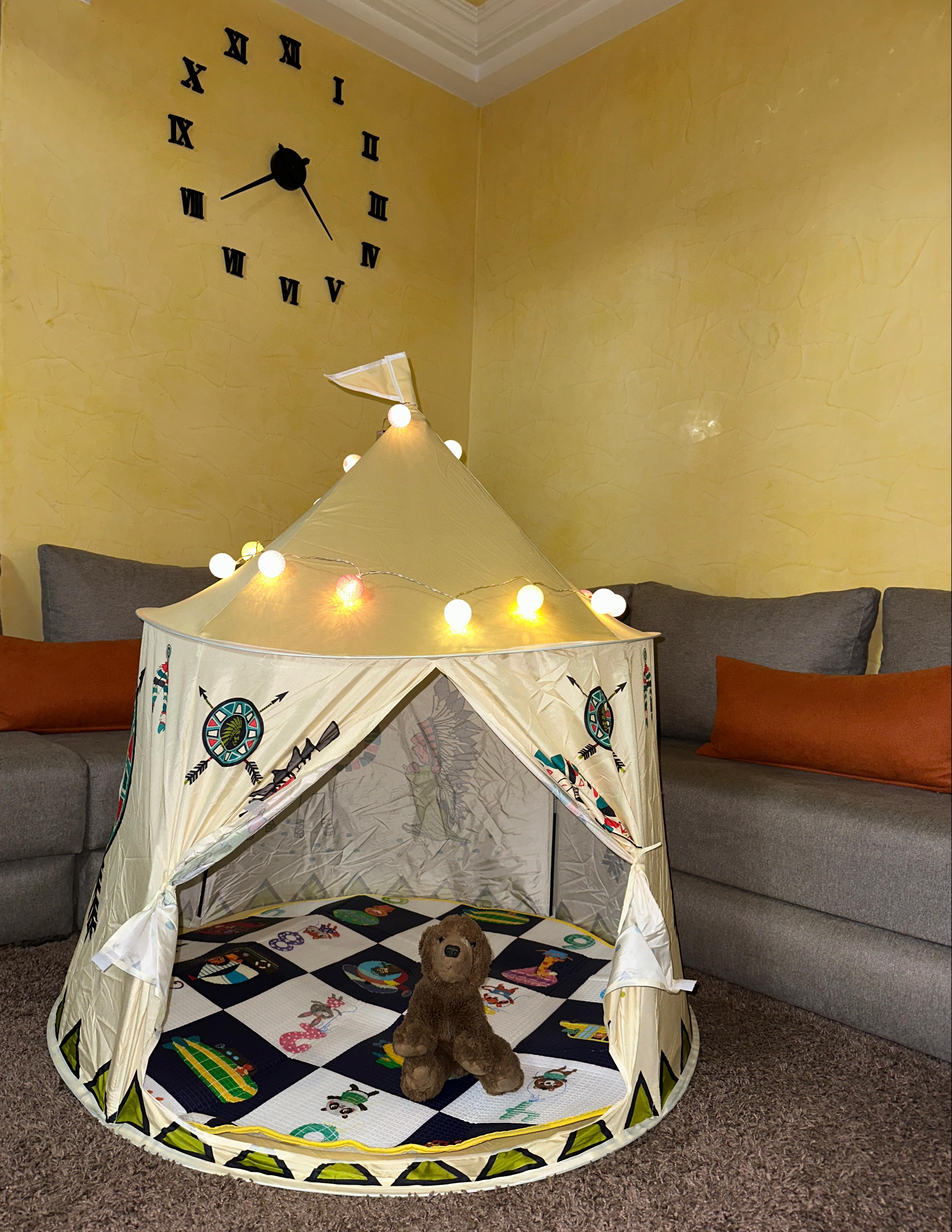 Tente Château Enfant Pliable avec Tapis et Lampes Lumineuses Magiques